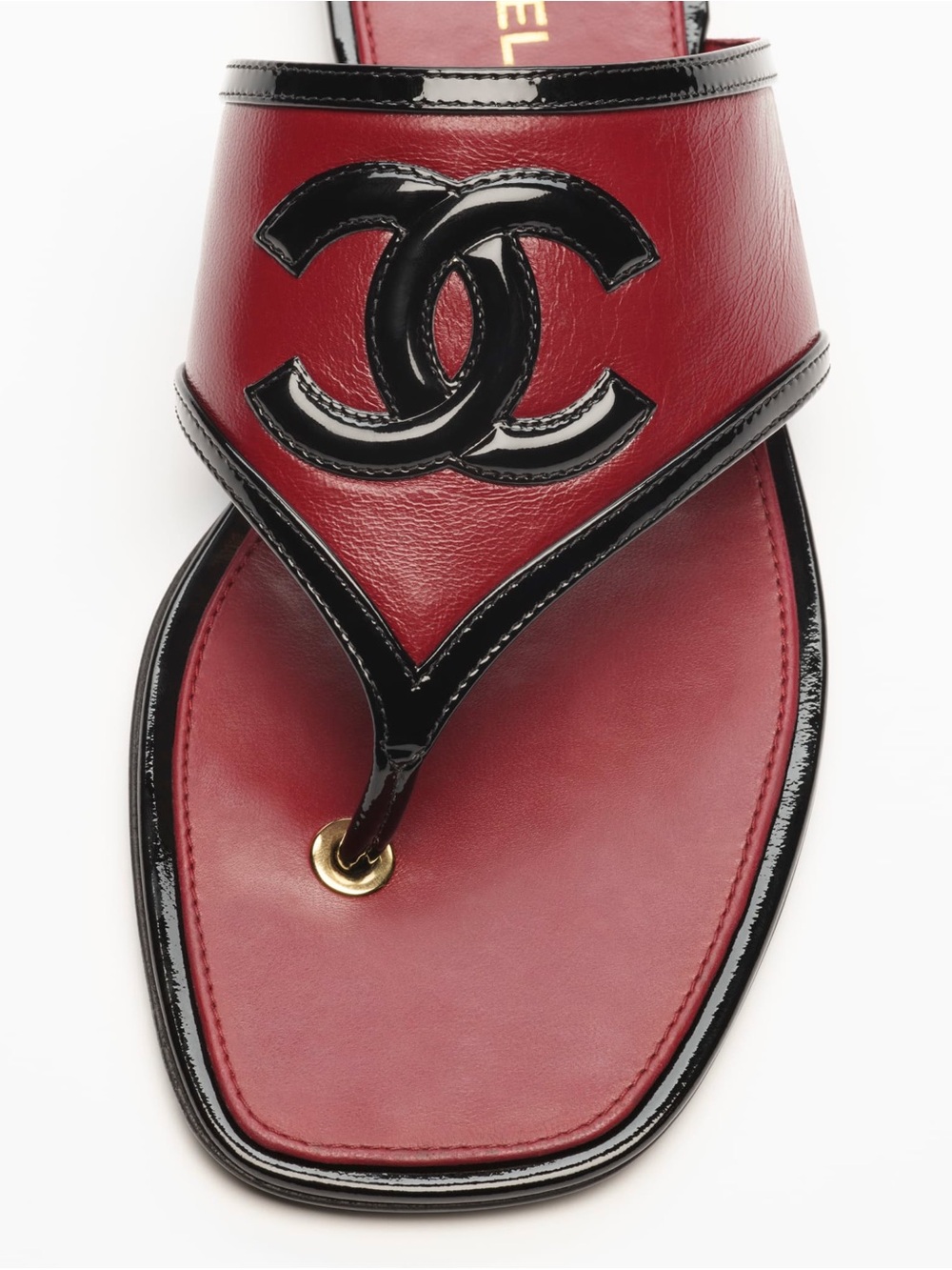 CHANEL Burgundy and Black Lambskin Thong Sandals